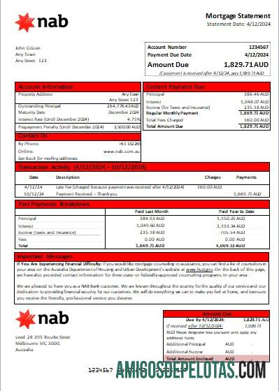Declaração de hipoteca do banco NAB da Austrália modelo